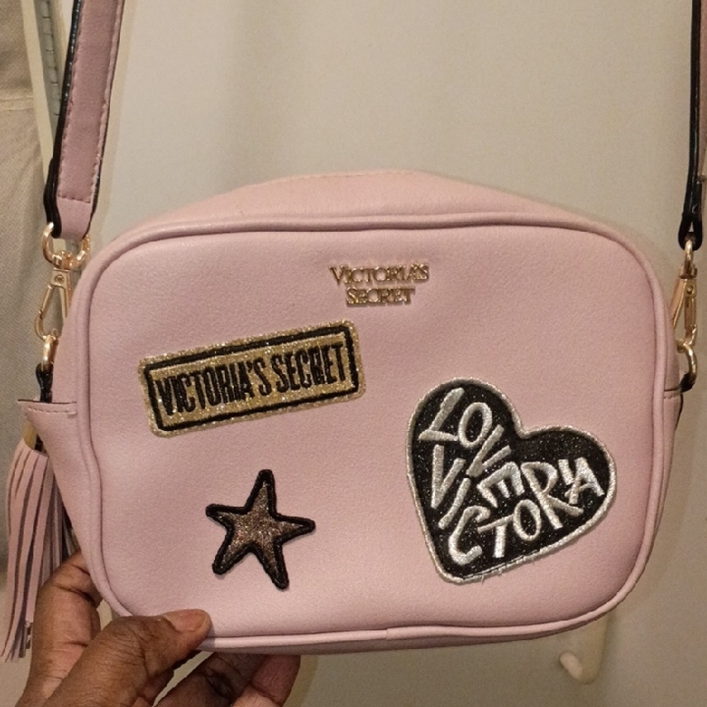 Victoria's Secret Light Pink Crossbody Bag with Patches Lip Charm Tassel Zipper